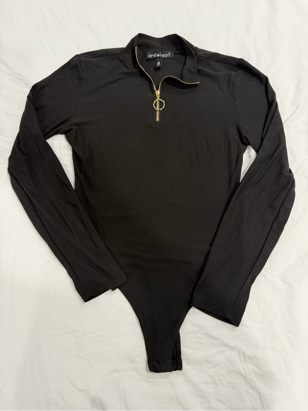 Derek Heart Black Long-Sleeve Zip-Front Bodysuit with Gold Hardware